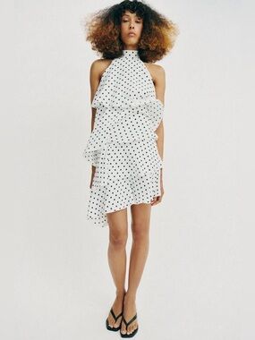 Polka Dot Halter Neck Ruffle Backless Dress Black And White Size Medium